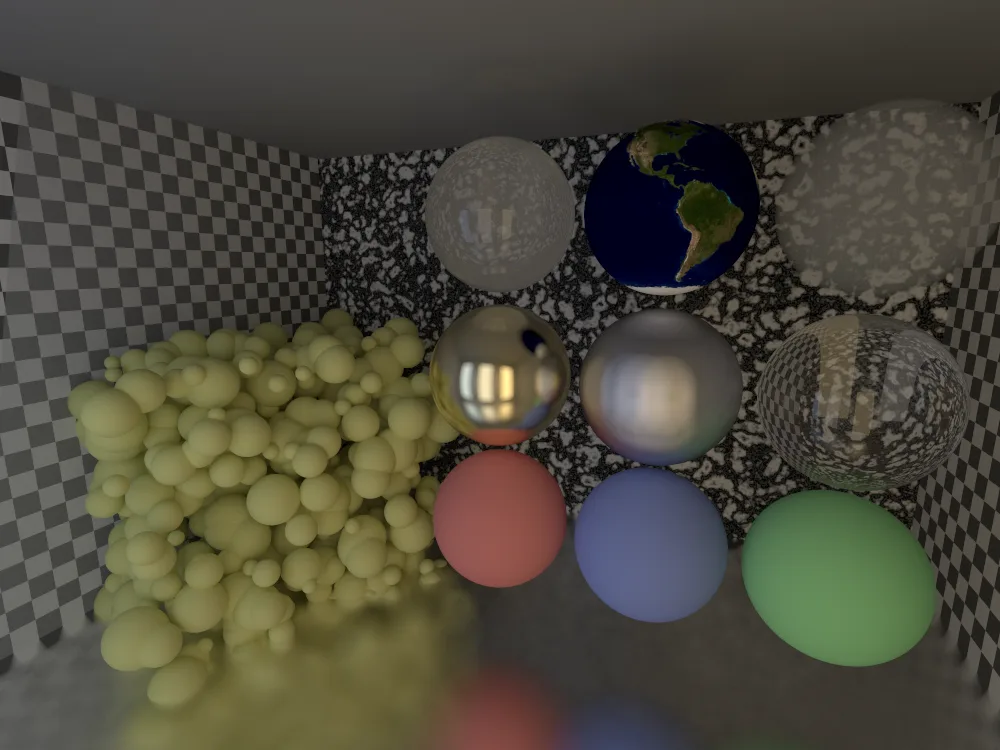 Raytraced scene with reflective, procedural, and textured spheres in a checkered box